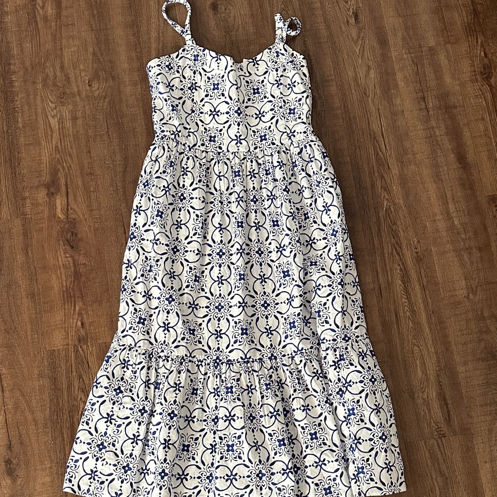 J. Crew White and Navy Blue Printed Maxi Dress
